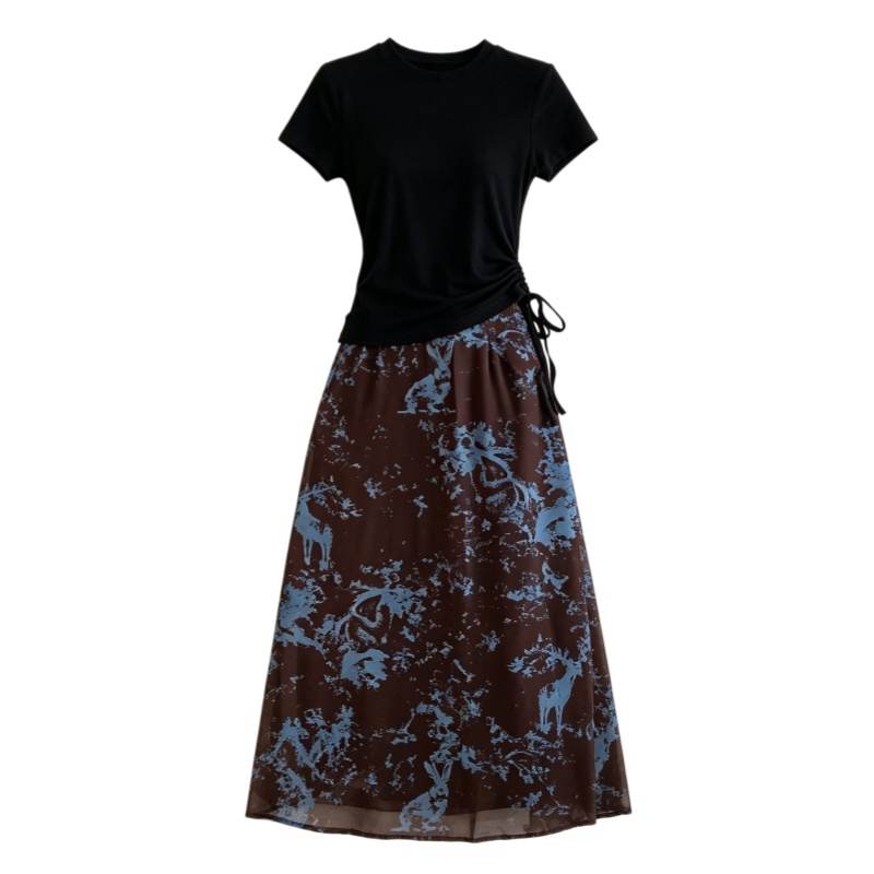 CPAURA Two Piece Skirt Sets Women's Crew Neck Moderate Long Skirt