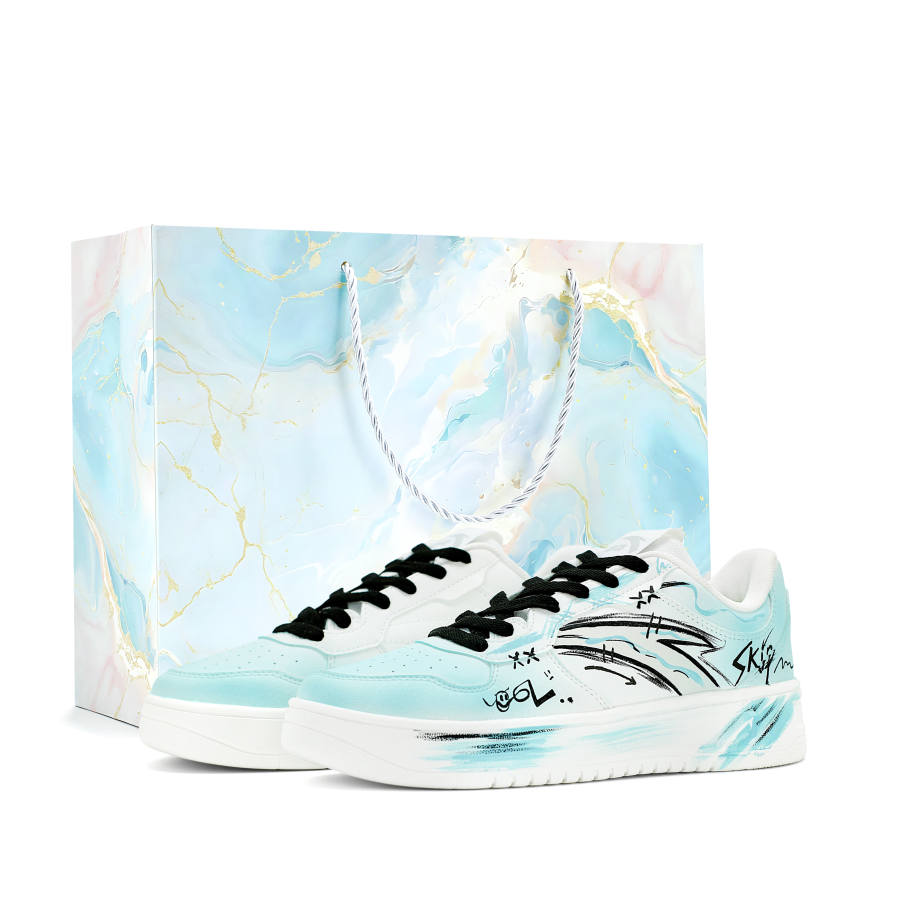 ANTA Easy Skateboard Shoes Men's Low Top White Cyan & Black Graffiti Gradient Colorway