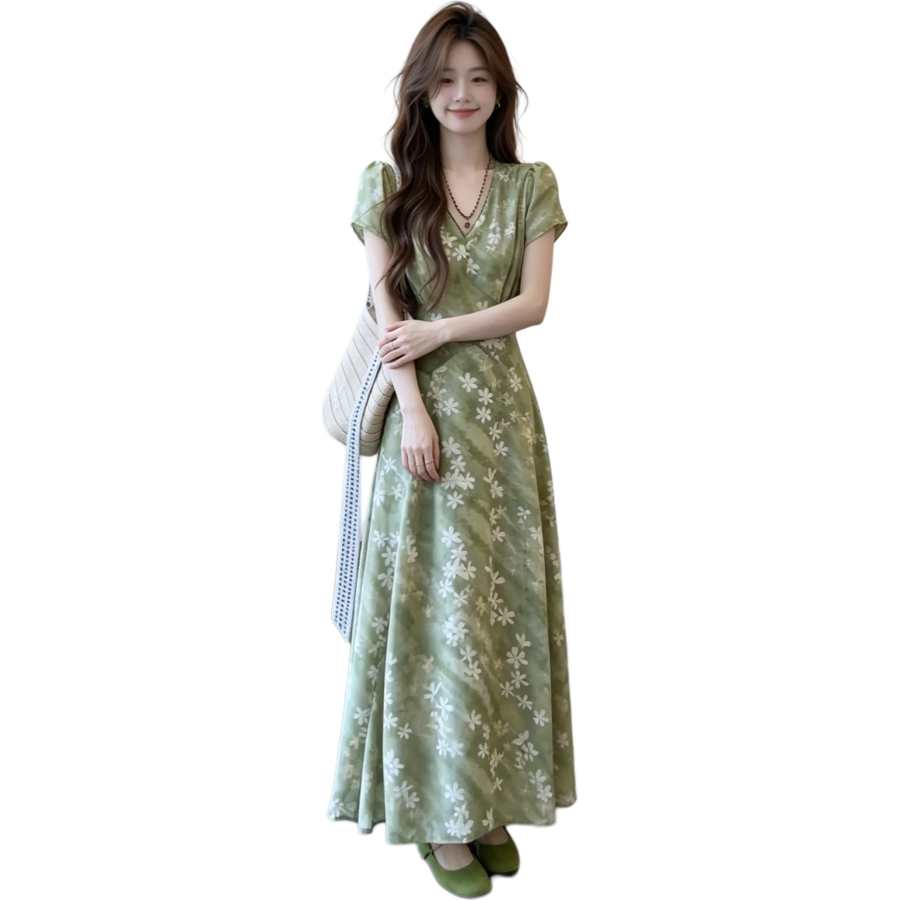 JBBCN Short Sleeved Dresses Women's Green V Neck Thin Long Skirt A Line Skirt