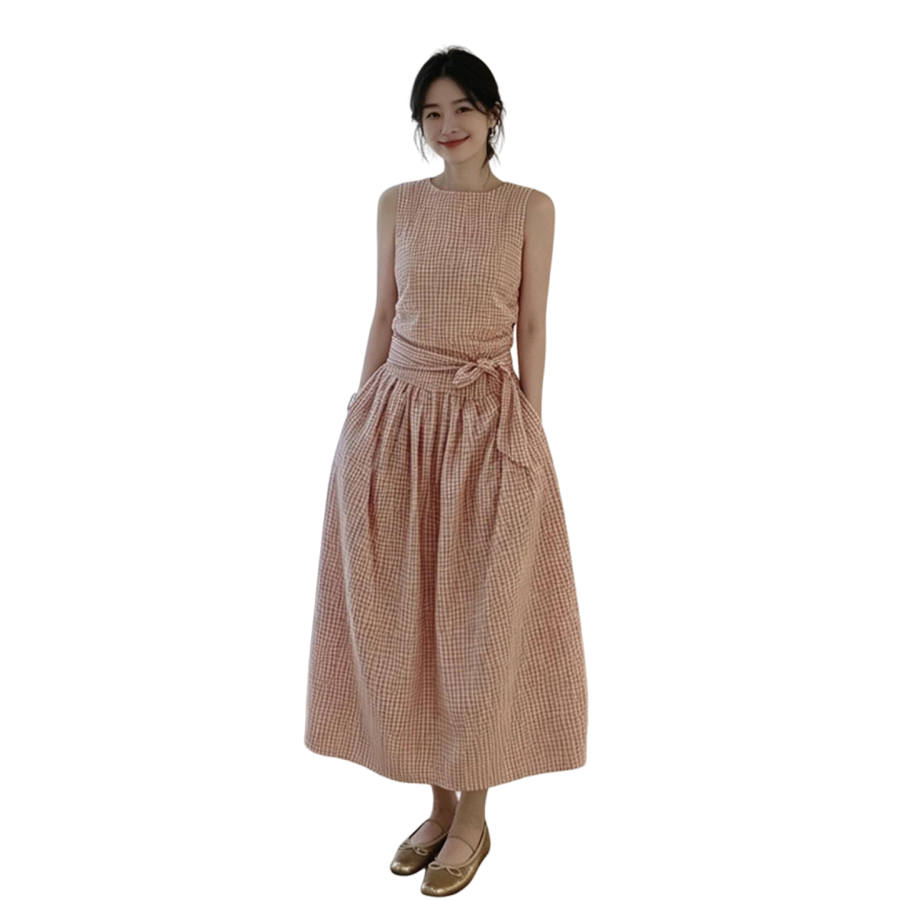 JBBCN Sleeveless Dresses Women's Pink Plaid Crew Neck Moderate Midi Skirt