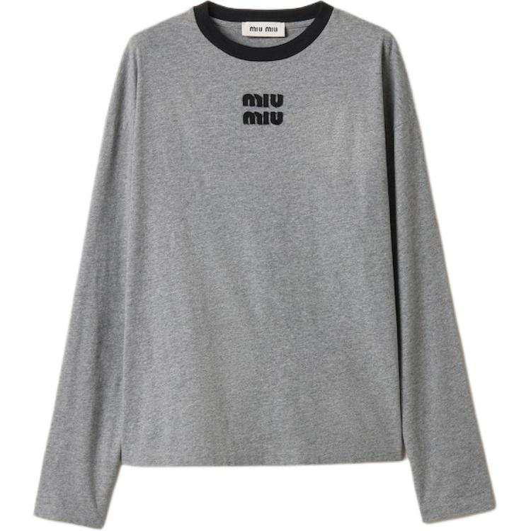 MIU MIU T Shirts Women's Gray & Black Crew Neck Moderate Straight Fit