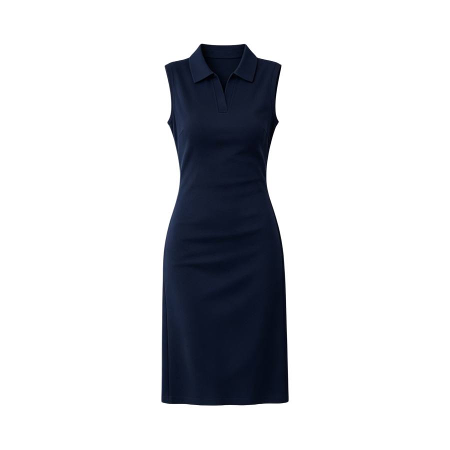 TUSHIFEI Sleeveless Dresses Women's Navy Blue Polo Collar Moderate Midi Skirt Bodycon Skirt