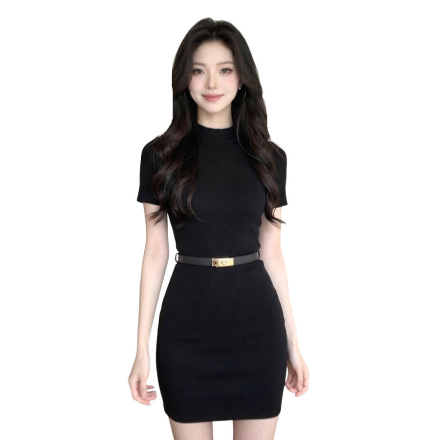 JBBCN Short Sleeved Dresses Women's Black With Belt Crew Neck Moderate Short Skirt