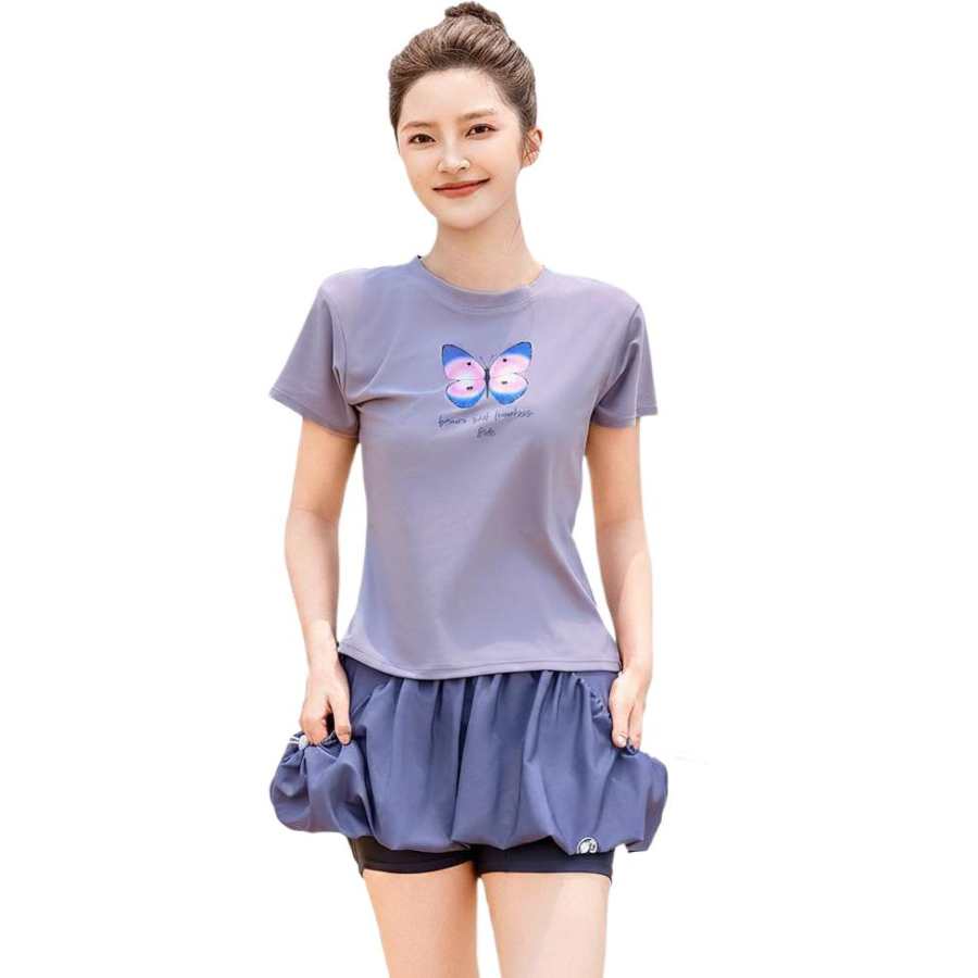 Barbie Two Piece Swimsuits Women's Gray Crew Neck Moderate Short Skirt Two Piece Swimsuit