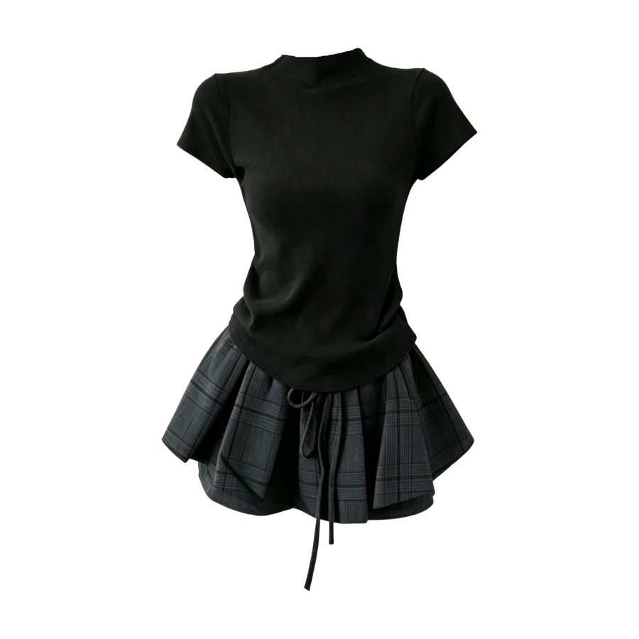 FINDSME GAGA Two Piece Skirt Sets Women's Half Turtleneck Thin Short Skirt