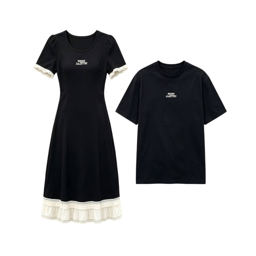 TUSHIFEI Couple Sets Women's Crew Neck Moderate Midi Skirt