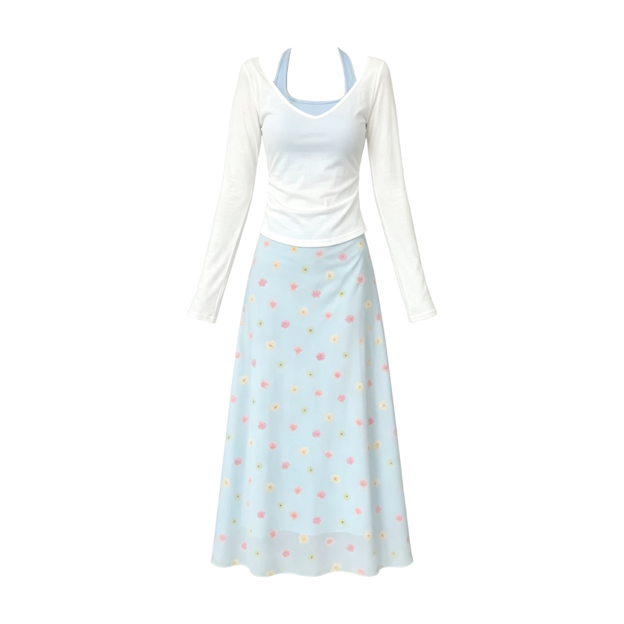 FINDSME GAGA Two Piece Skirt Sets Women's V Neck Thin Long Skirt