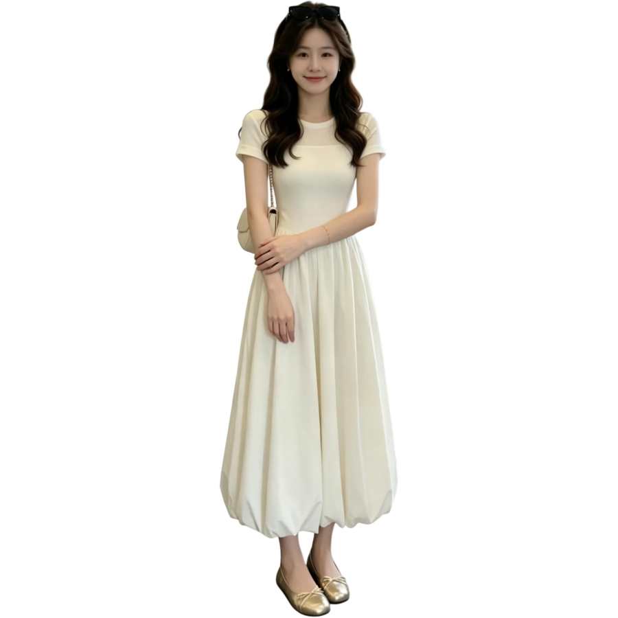 JBBCN Short Sleeved Dresses Women's Ecru Crew Neck Thin Long Skirt Puffy Skirt