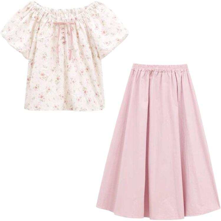 CHARM GLOW Two Piece Skirt Sets Women's V Neck Moderate Long Skirt