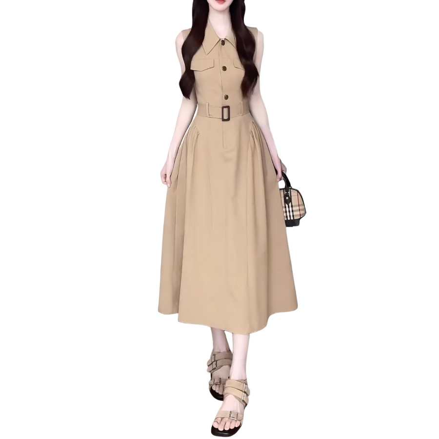 JBBCN Sleeveless Dresses Women's Light Khaki Long Lapel Moderate Long Skirt A Line Skirt