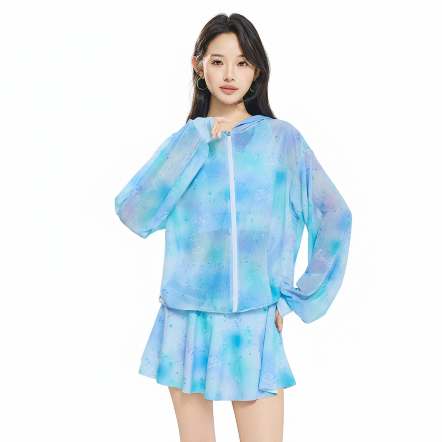 Barbie Two Piece Swimsuits Women's Blue Hooded Non Detachable Moderate Short Skirt Two Piece Swimsuit