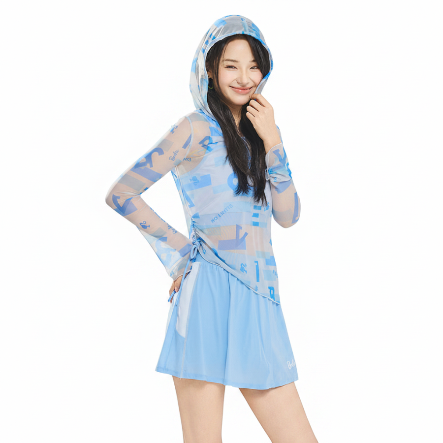 Barbie Two Piece Swimsuits Women's Blue Hooded Non Detachable Thin Short Skirt Two Piece Swimsuit
