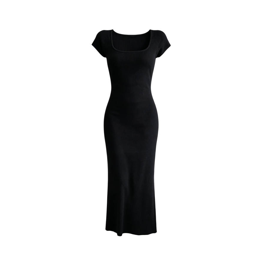 TUSHIFEI Short Sleeved Dresses Women's Square Collar Moderate Midi Skirt Bodycon Skirt
