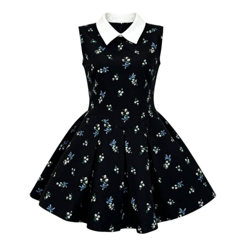 CPAURA Sleeveless Dresses Women's Black Floral Dress Lapel Moderate Short Skirt Other