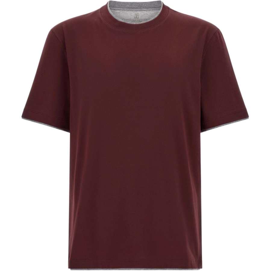 Brunello Cucinelli T Shirts Men's Bordeaux Red Crew Neck Moderate Straight Fit