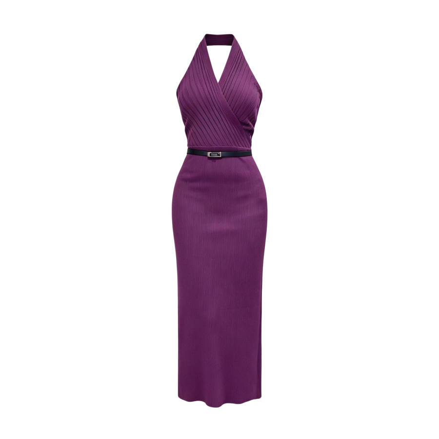 TUSHIFEI Sleeveless Dresses Women's Purple+Belt Halter Moderate Midi Skirt Bodycon Skirt