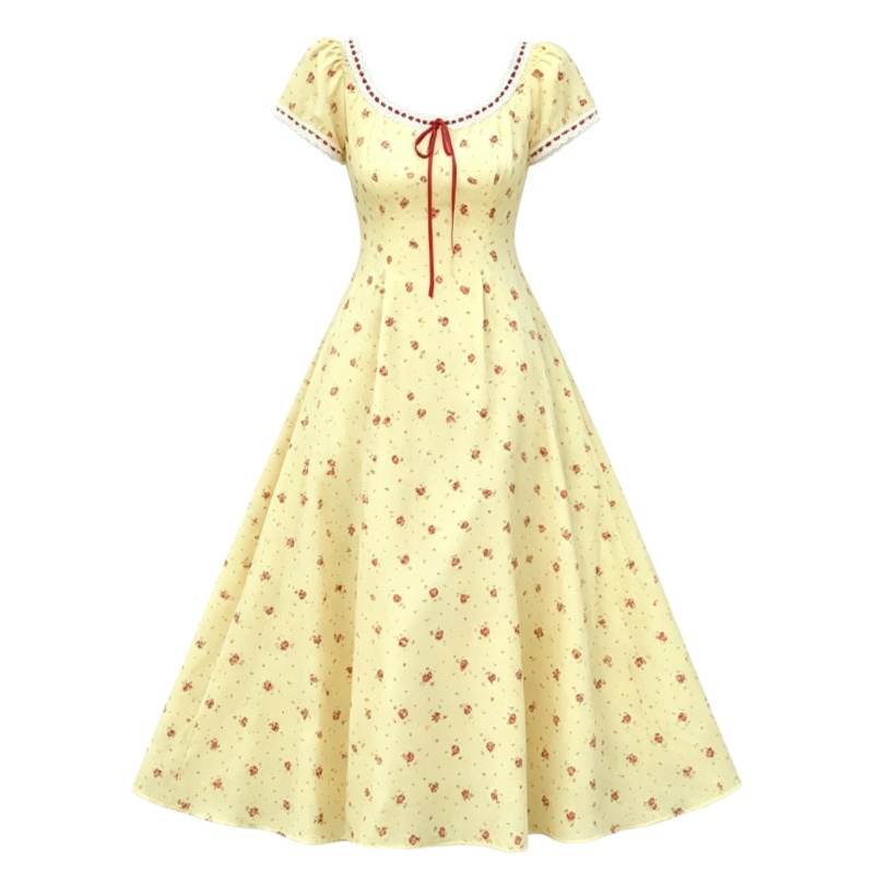 CPAURA Short Sleeved Dresses Women's Yellow V Neck Moderate Long Skirt A Line Skirt