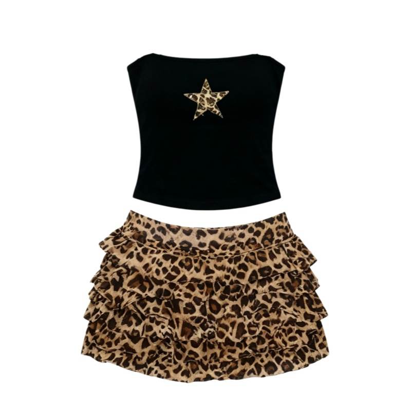 CPAURA Two Piece Skirt Sets Women's Strapless Top Moderate Short Skirt