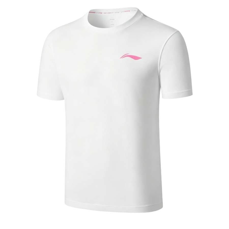Li-Ning Li Ning T Shirts Unisex White Crew Neck Moderate Straight Fit
