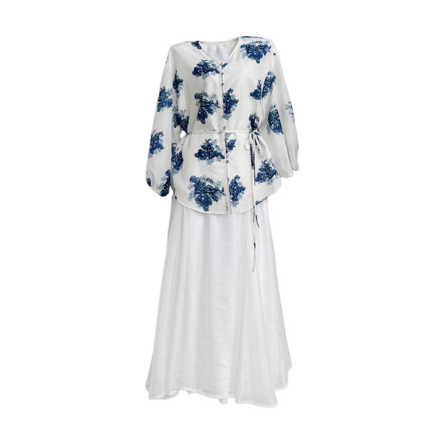 TUSHIFEI Two Piece Skirt Sets Women's V Neck Thin Long Skirt