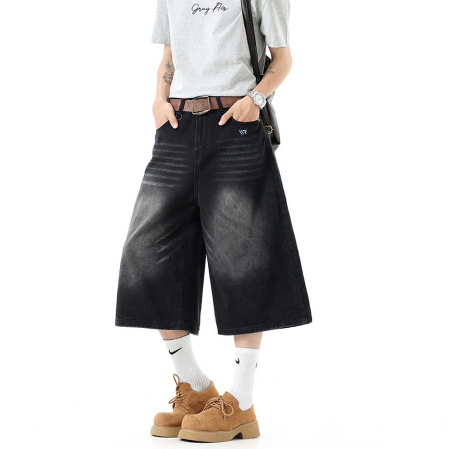 WARRIOR Denim Shorts Unisex Black DIY Badge Thin Straight Fit Pants