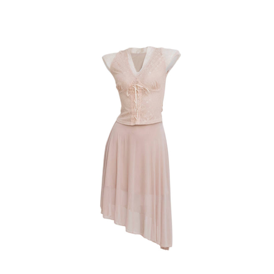 TUSHIFEI Two Piece Skirt Sets Women's V Neck Thin Midi Skirt