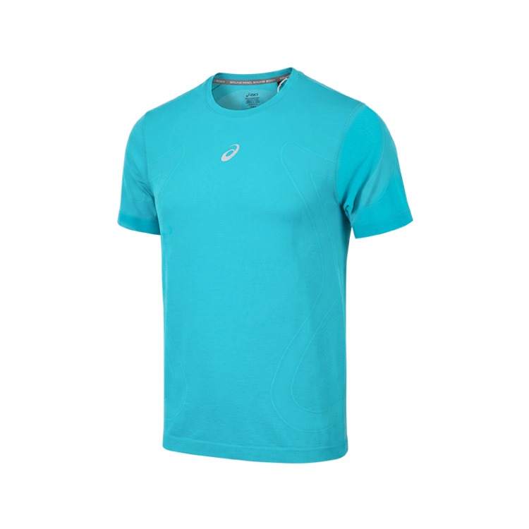 ASICS Running T Shirts Men's Aqua Blue Green Crew Neck Moderate