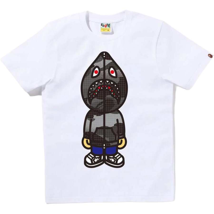 A BATHING APE Bape Women's Grid Camo Classic Milo Shark Tee Black Burgundy