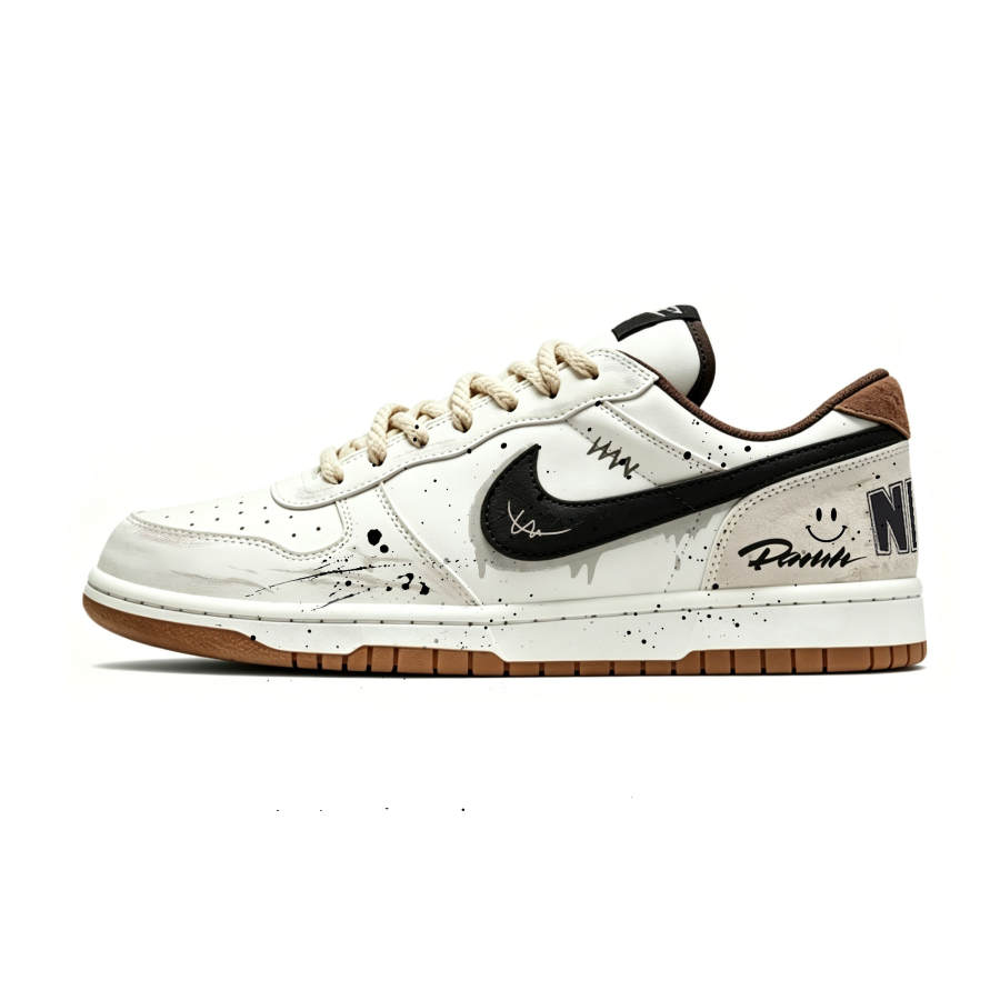 Nike Nike Big Skateboard Shoes Men's Low Top White Brown Black Ink Splatter Graffiti Colorway
