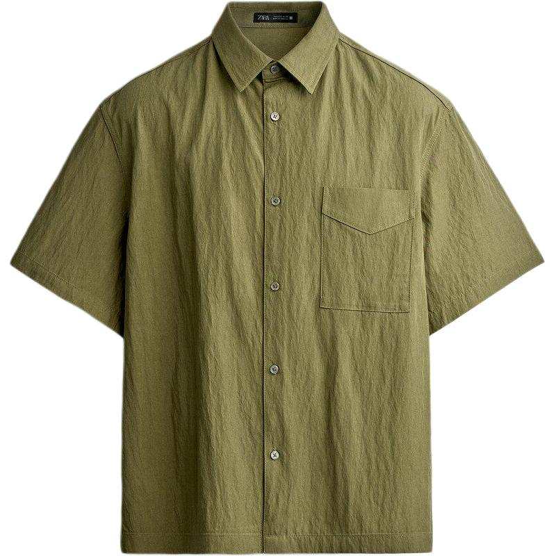 ZARA Shirts Men's Dark Olive Green Lapel Moderate Straight Fit