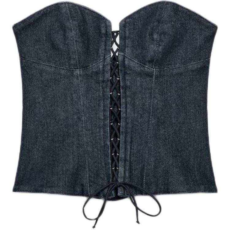 ZARA Trf Strapless Tops Women's Dark Indigo Cyan