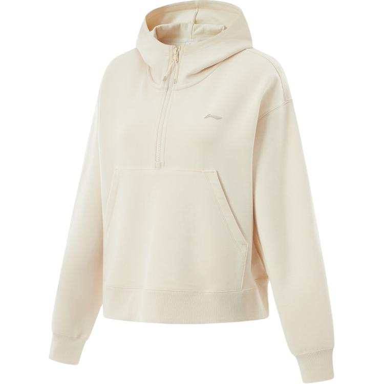 Li-Ning Li Ning Sweatshirts Women's Rock White Gray AWDV598 1, 68% Cotton, 10% Polyester, 17% Viscose, 5% Elastane, Loose Fit Hooded Non Detachable Moderate Straight Fit