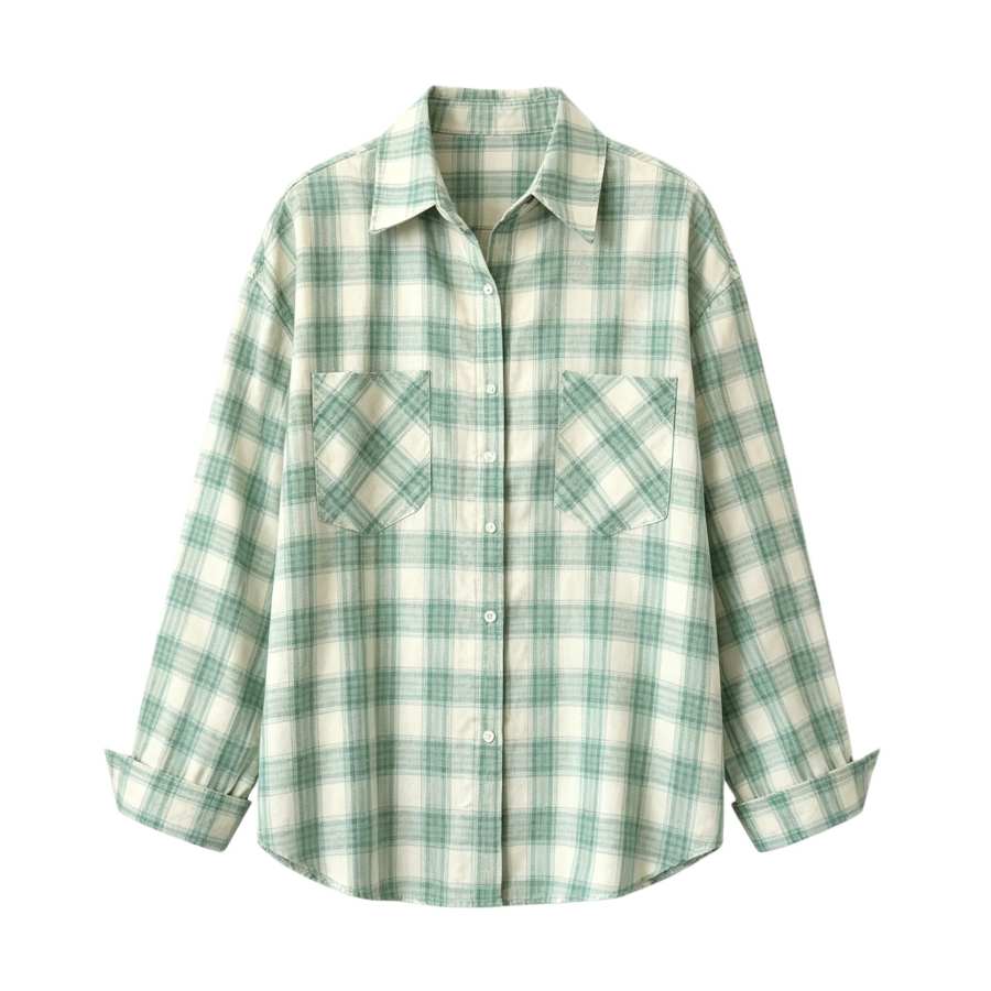 Sugarfunk Shirts Women's Green White Plaid Polo Collar Thin Straight Fit