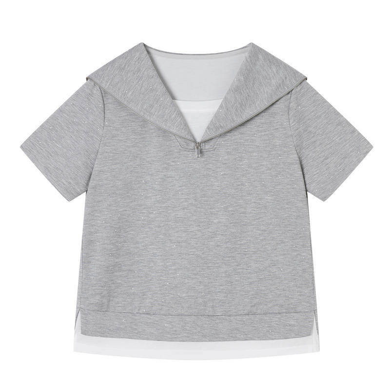 XIANGYING T Shirts Women's Light Gray Navy Collar Moderate