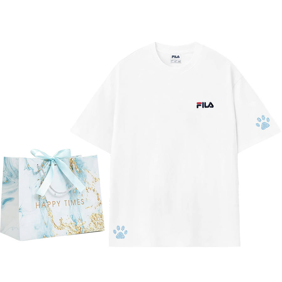 FILA T Shirts Unisex White Blue Diamond Random Shopping Bag Crew Neck Moderate