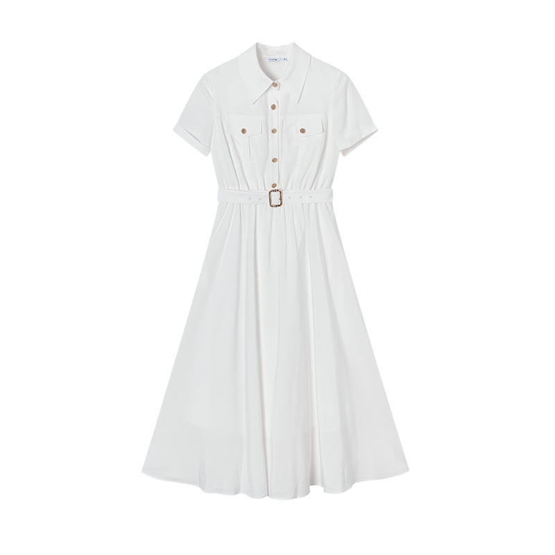 XIANGYING Short Sleeved Dresses Women's Lapel Moderate Long Skirt