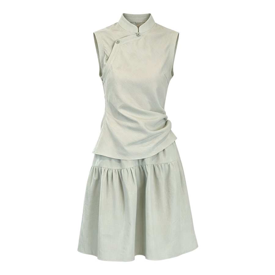 Sugarfunk Two Piece Skirt Sets Women's Cheongsam Collar Thin Midi Skirt