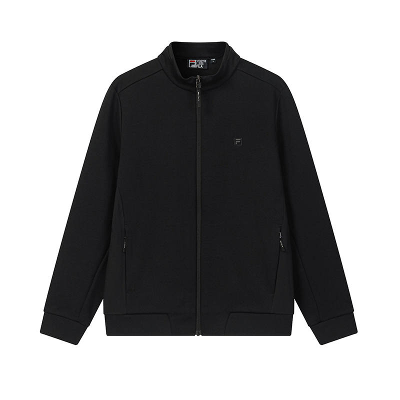 FILA WHITE Jackets Men's Jet Black Stand Collar Moderate Straight Fit