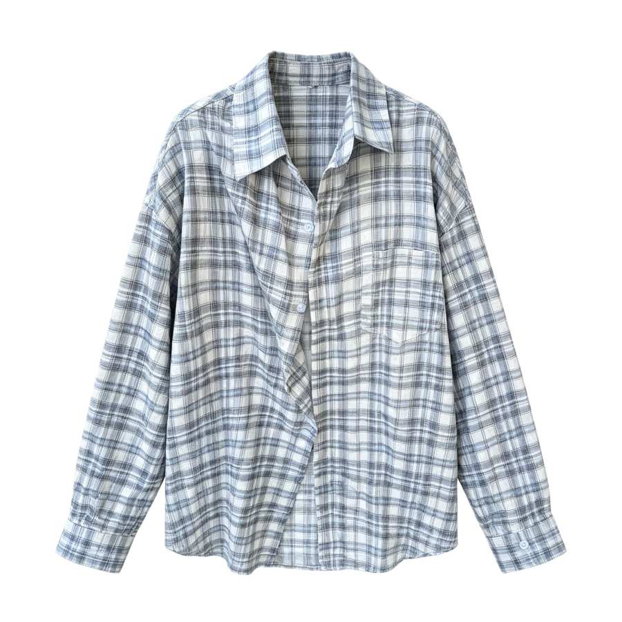 Sugarfunk Shirts Women's Blue Gray Plaid Lapel Thin Straight Fit