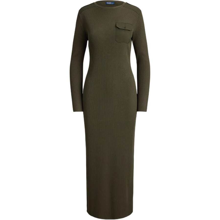 Polo Ralph Lauren Long Sleeved Dresses Women's Olive Green Crew Neck Moderate Midi Skirt