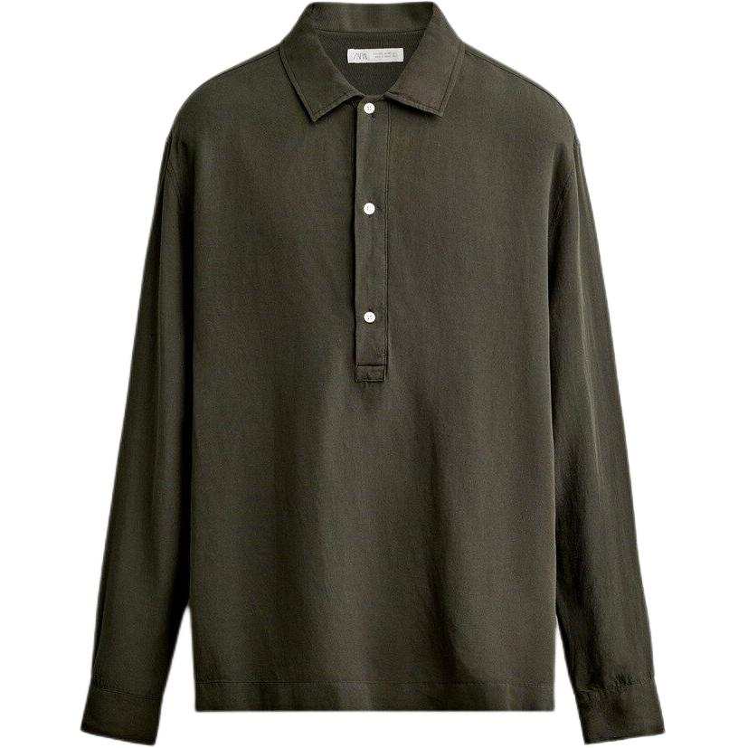 ZARA Polo Shirts Men's Dark Khaki Polo Collar Moderate Straight Fit