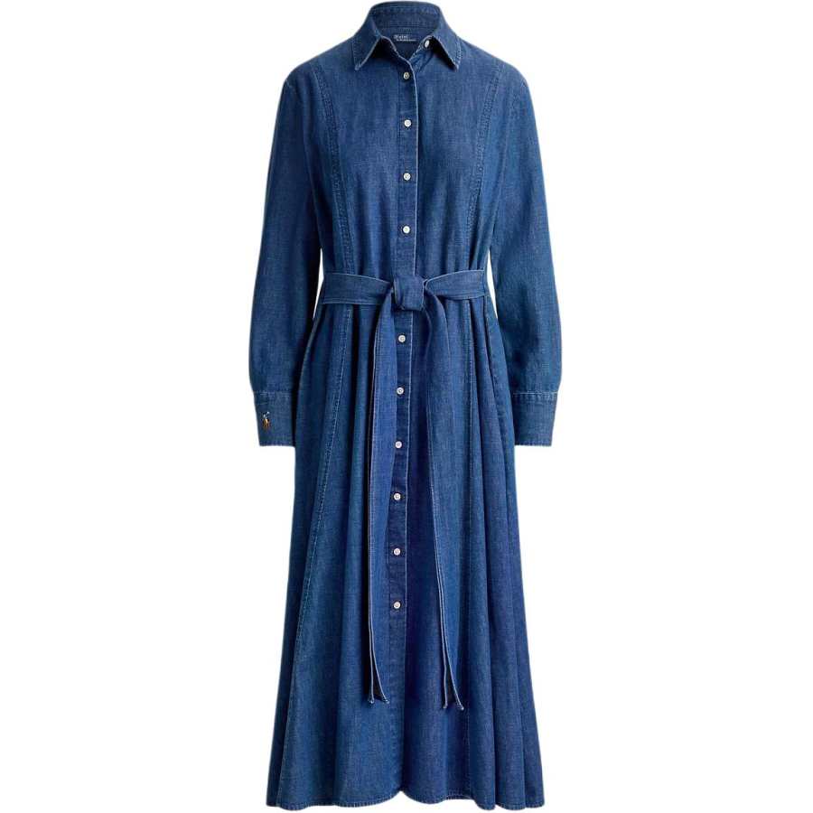 Polo Ralph Lauren Long Sleeved Dresses Women's Chambray Blue Lapel Moderate Midi Skirt