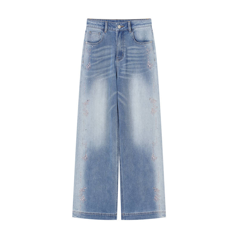 XIANGYING Jeans Women's Denim Blue Moderate Wide Leg Pants