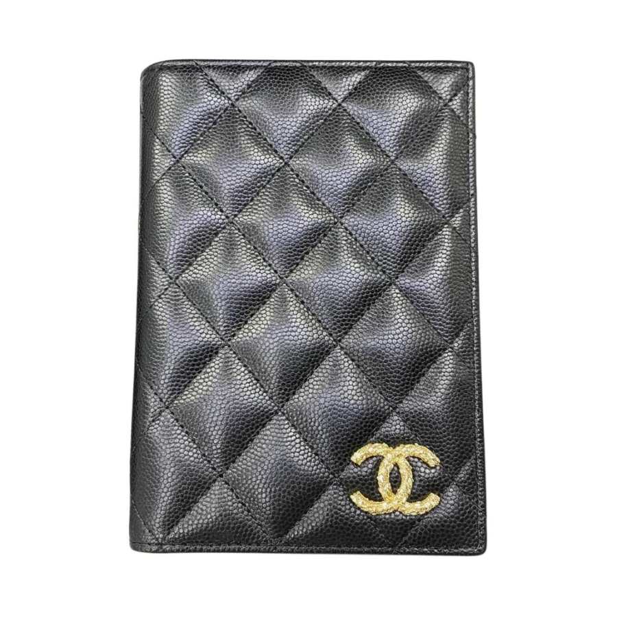 CHANEL Calfskin & Crystal & Gold Metal Passport Holder Women's Black