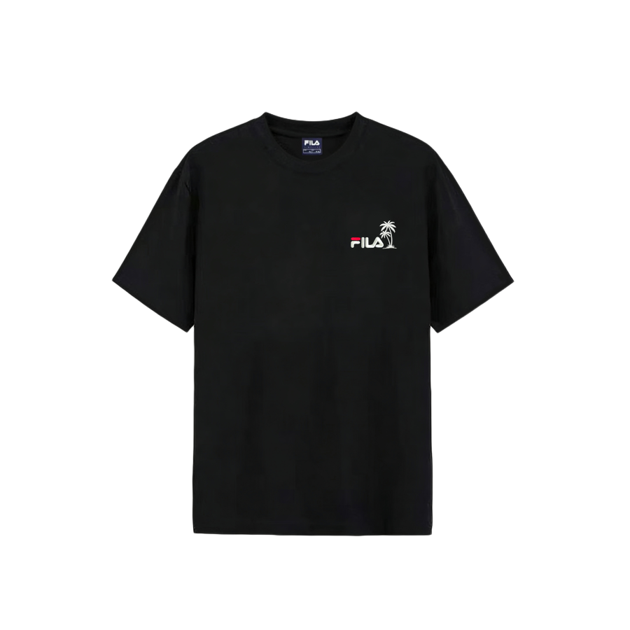 FILA T Shirts Unisex Black White Coconut Tree Crew Neck Moderate Straight Fit