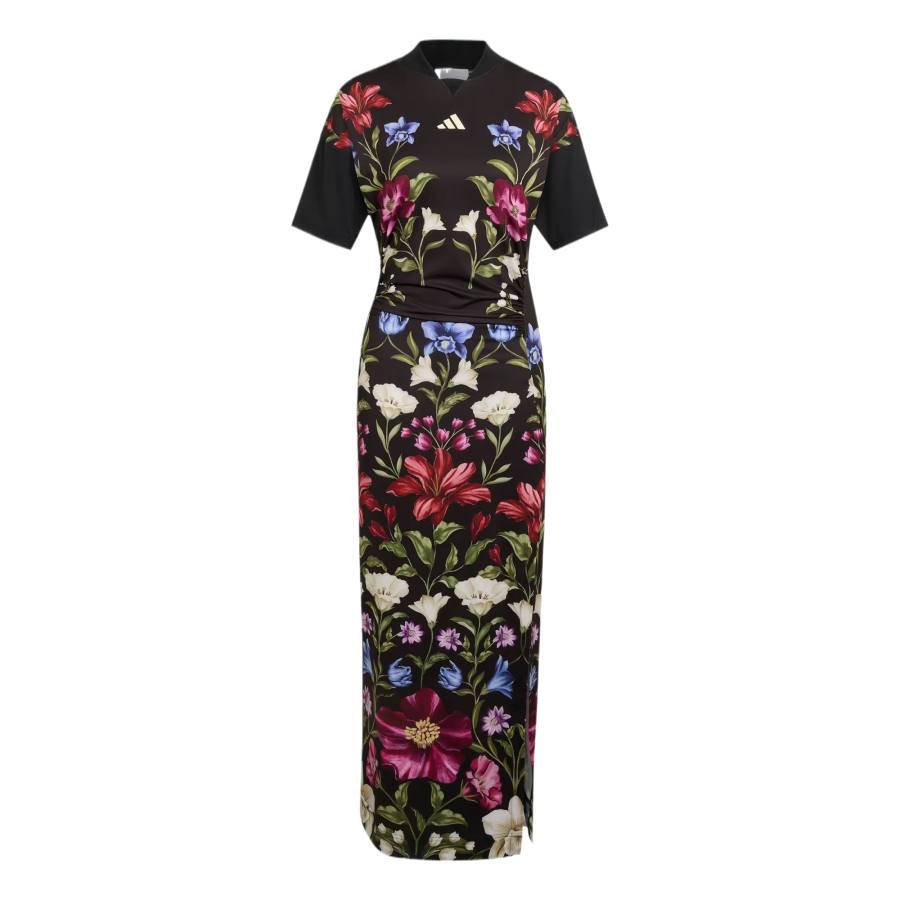 Adidas Adidas Short Sleeved Dresses Women's Black/Ecru/Craft Green Crew Neck Moderate Long Skirt
