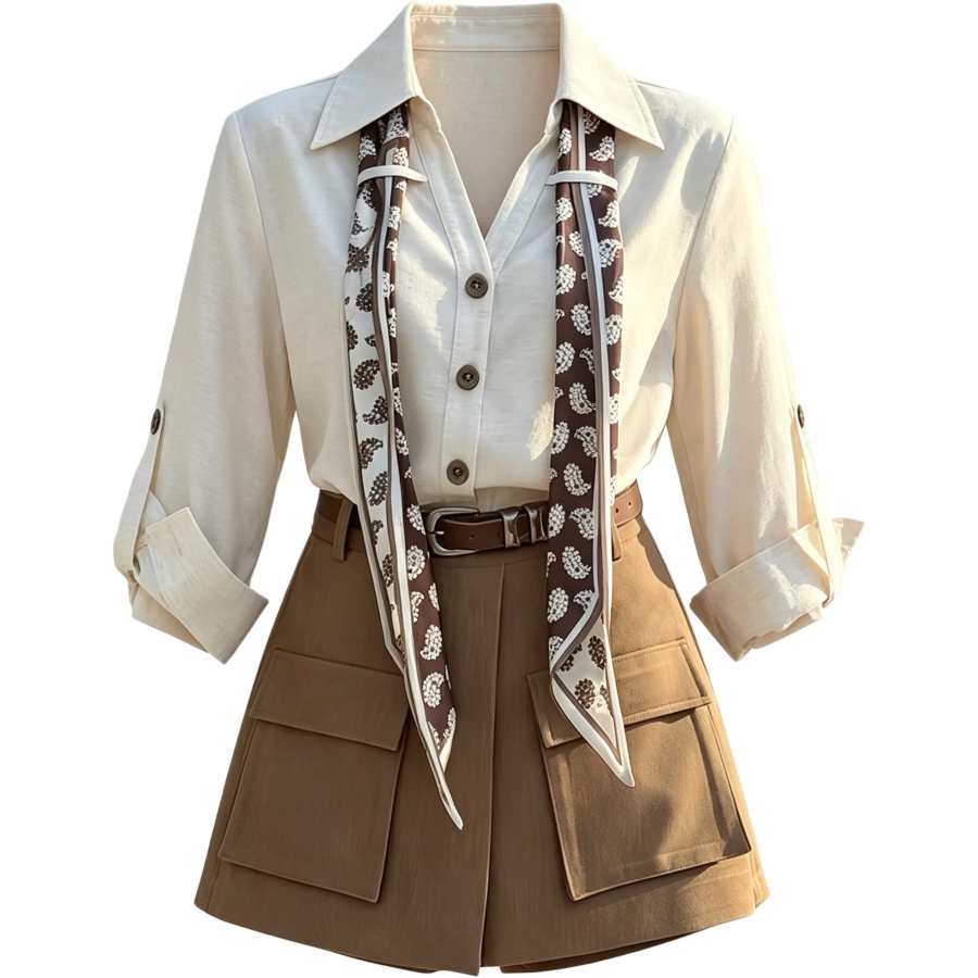 CHARM GLOW Two Piece Skirt Sets Women's Lapel Moderate Short Skirt
