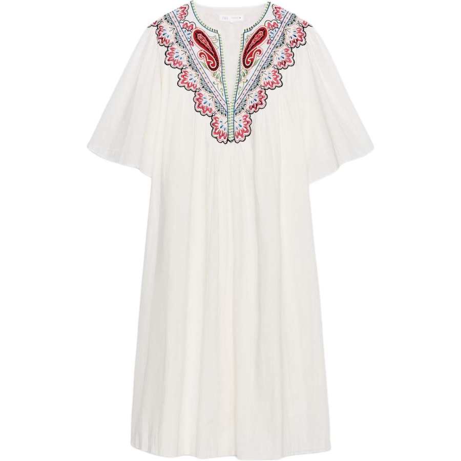 ZARA ZW Short Sleeved Dresses Women's Frosted White V Neck Moderate