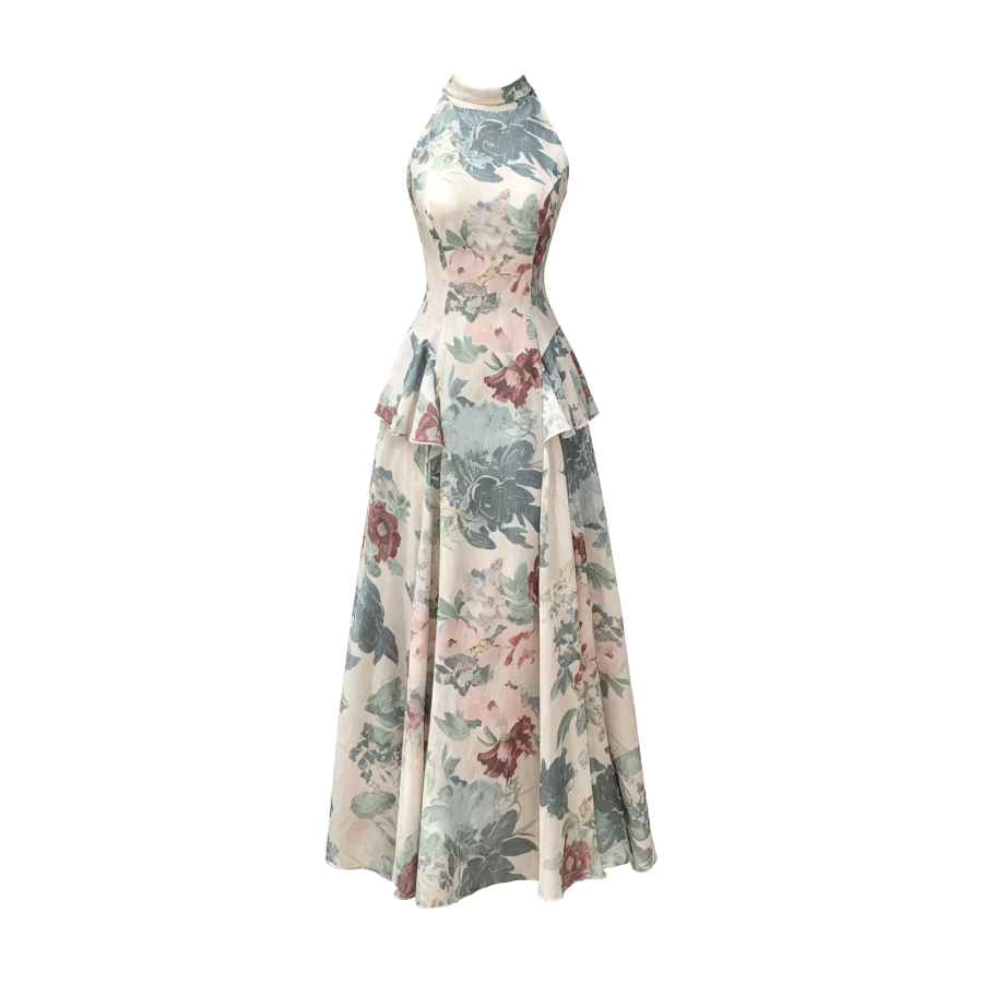 FINDSME GAGA Sleeveless Dresses Women's Moss Green Halter Thin Long Skirt A Line Skirt
