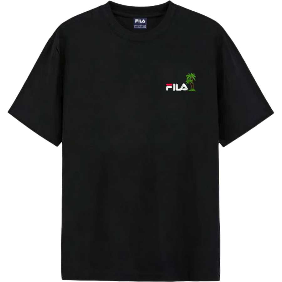 FILA T Shirts Unisex Black Green Coconut Tree Crew Neck Moderate Straight Fit